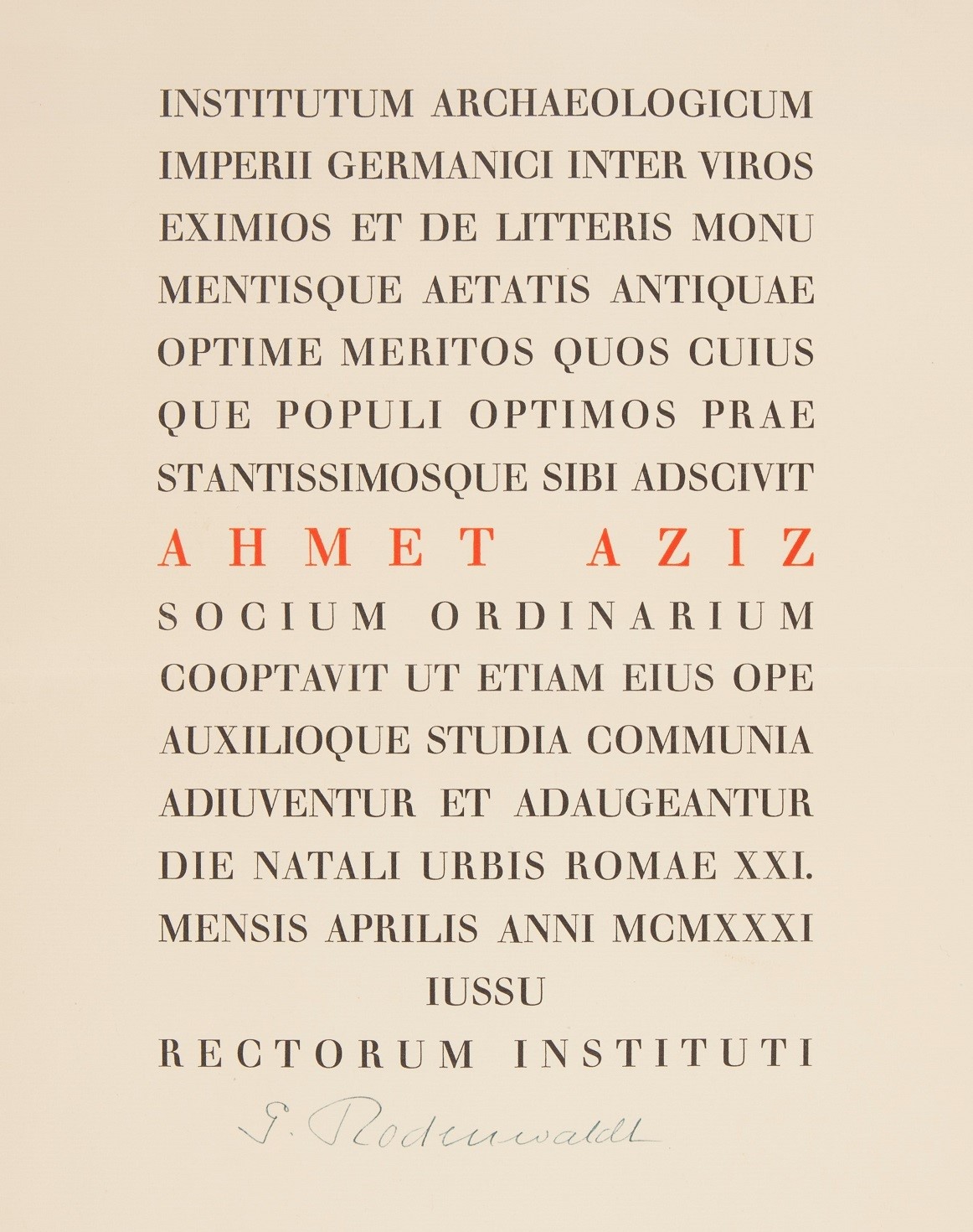 Permanent membership certificate given to Aziz Ogan by the Archaeological Institute of the German Empire, 1931